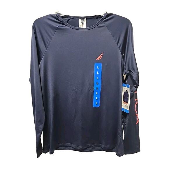 NWT Nautica Women's UPF 30+ Long Sleeve Beach Rash Guard Swim Top Dark Blue - Picture 1 of 6